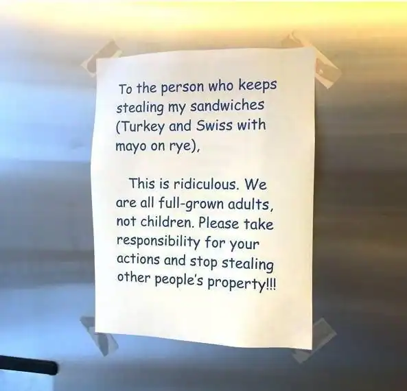 notice about office thief stealing sandwiches as a humorous example of how team building can improve performance