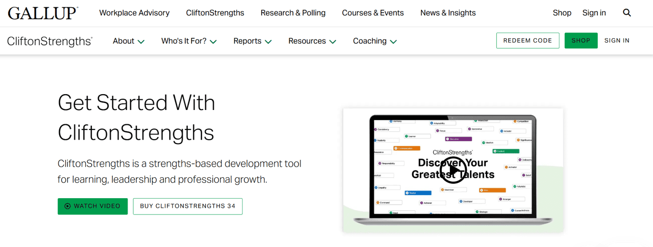 screenshot of gallup strengths based leadership assessment tool